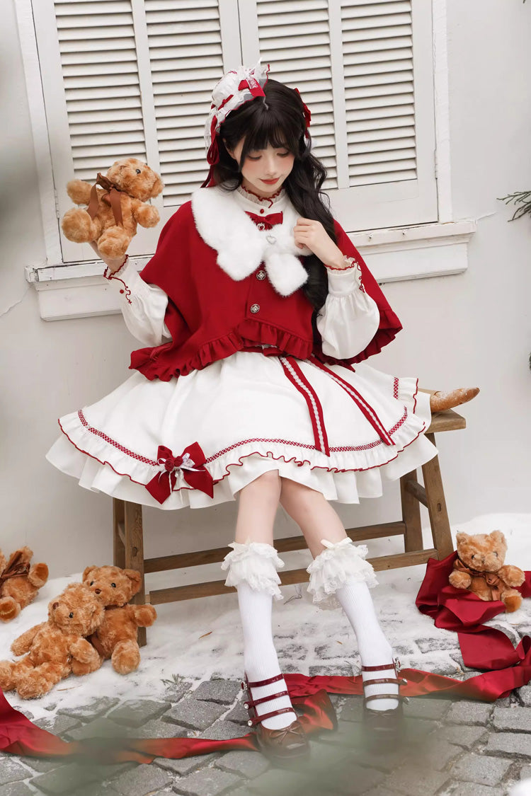 Red/White Red Vow Stand Collar Long Sleeves Multi-Layered Ruffled Bow Sweet Lolita Dress