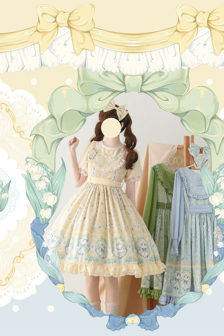 Beige Lily of the Valley Cat Print Ruffle Embroidery Bowknot Sweet Lolita Dress