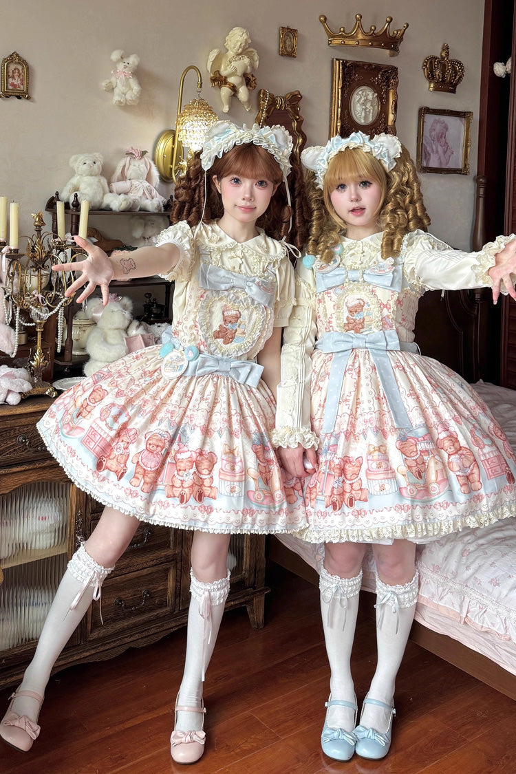 Bear Anniversary Celebration Sleeveless Printed Ruffled Bow Sweet Lolita Jsk Dress 2 Colors