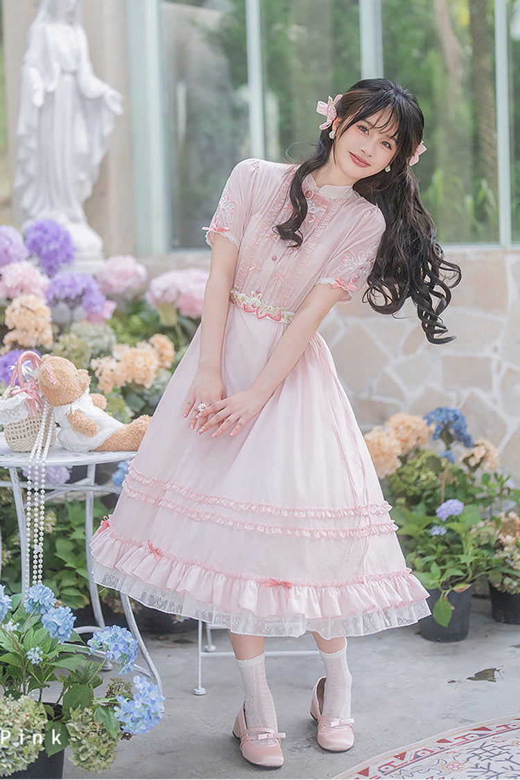 Pink Round Collar Short Sleeves High Waisted Ruffled Strawberry Midsummer Women's Sweet Lolita Dress