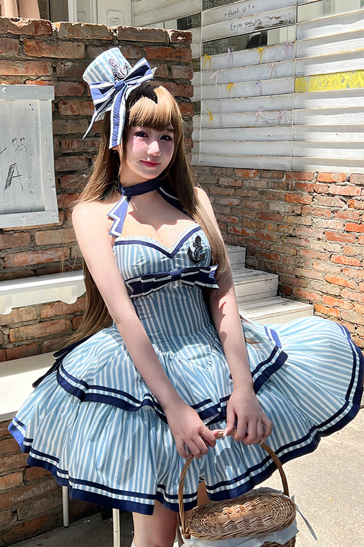 Blue Sailing Sweetheart Double-Layered Vertical Stripes Print Ruffle Bowknot Sweet Lolita Dress