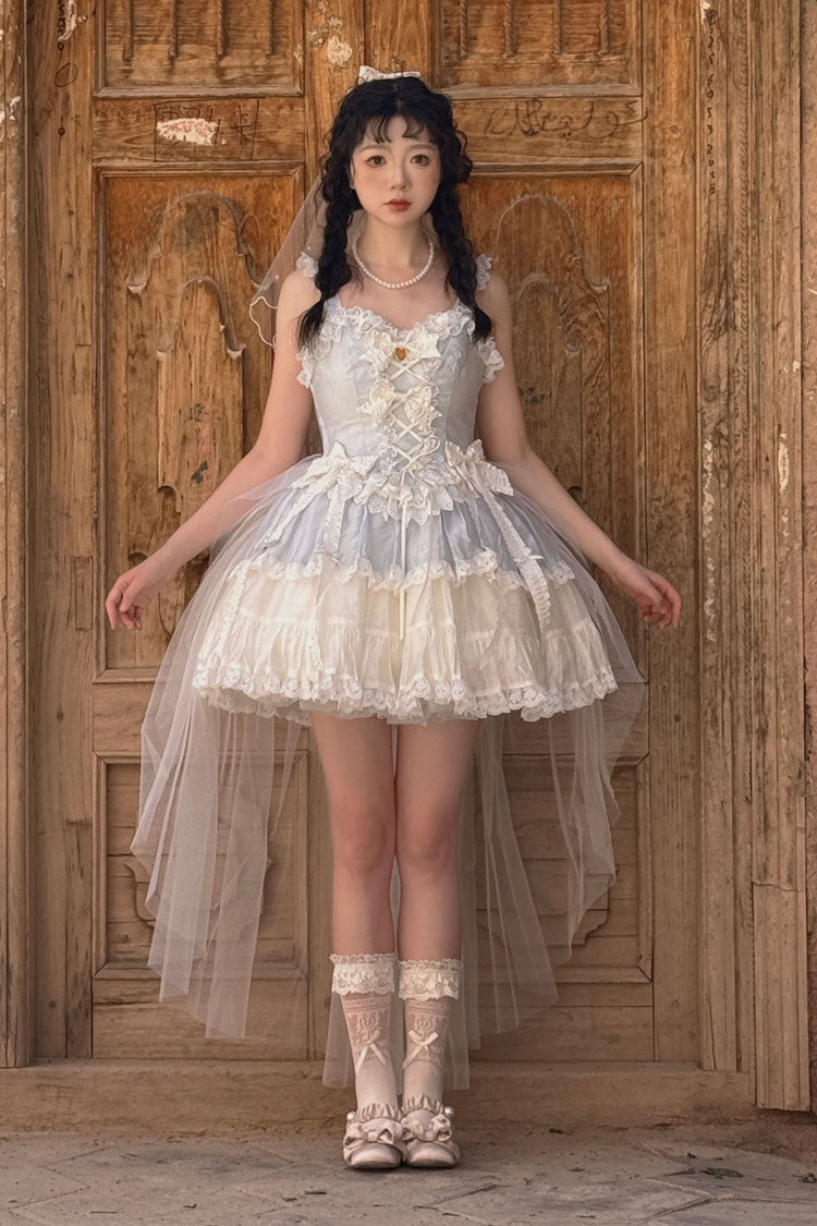 Blue Sweetheart Splolita Ruffle Bowknot Lace-Up Sweet Lolita Skirt Set