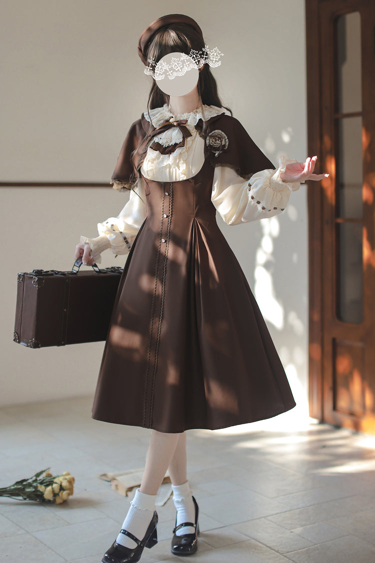 Brown/White Sunset Academy Long Sleeves Ruffle Bowknot Fake Two Pieces Vintage College Style Elegant Lolita Dress
