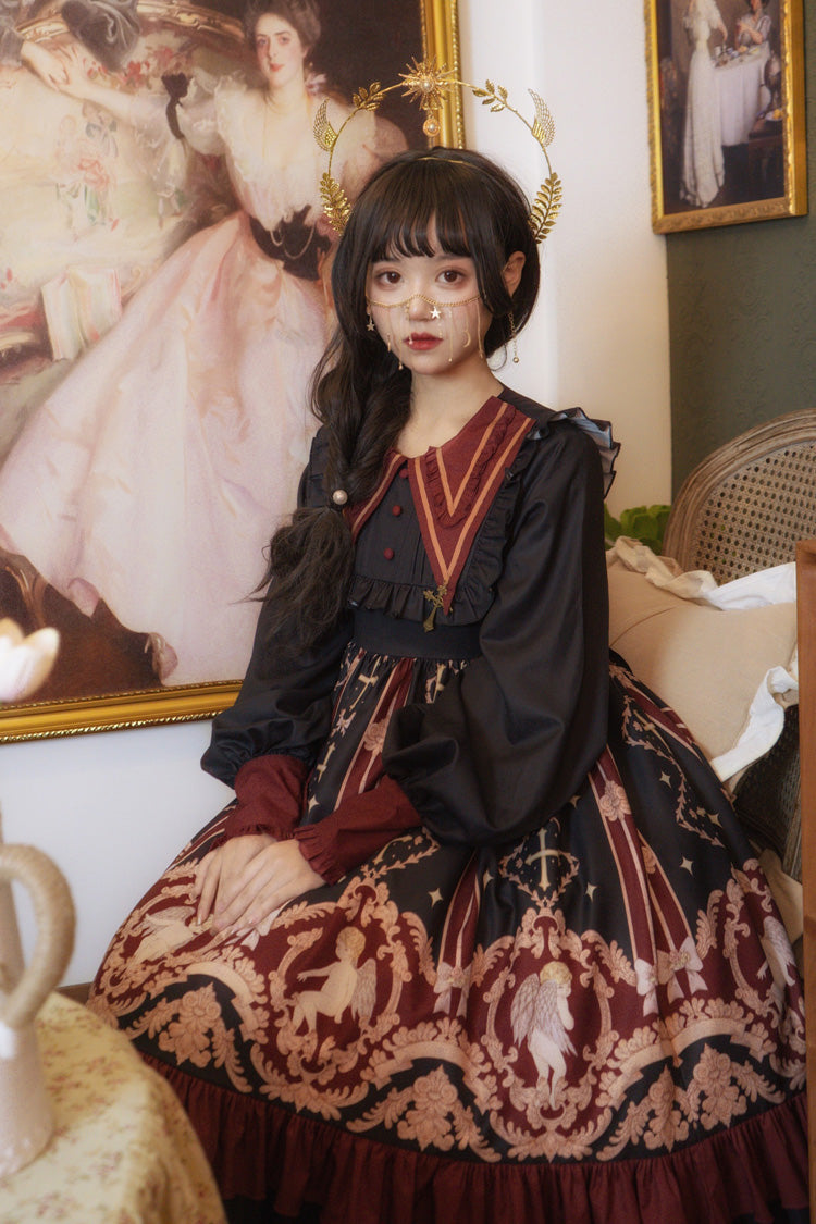 Angel's Redemption Long Sleeves Angel Print Ruffle Bowknot Sweet Lolita Dress 3 Colors