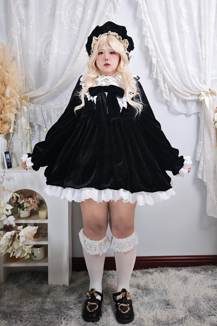 Black Antique Velvet Doll Stand Collar Long Sleeves Ruffled Bow Gothic Plus Size Lolita Dress