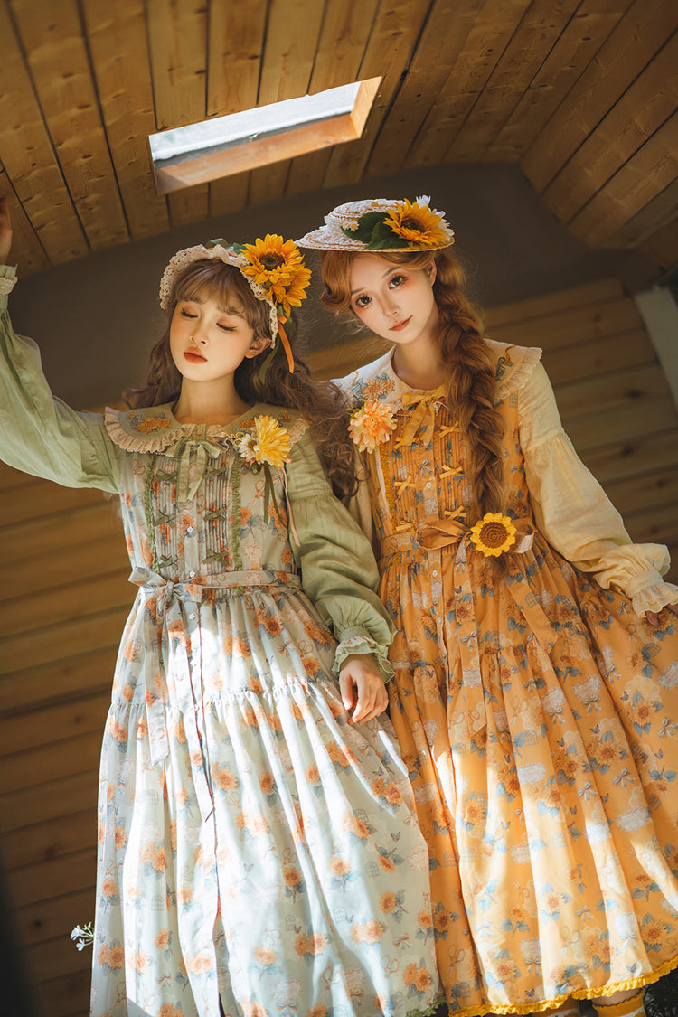Yellow Gardening Sunflower Sleeveless Print Ruffle Bowknot Sweet Elegant Lolita Jsk Dress