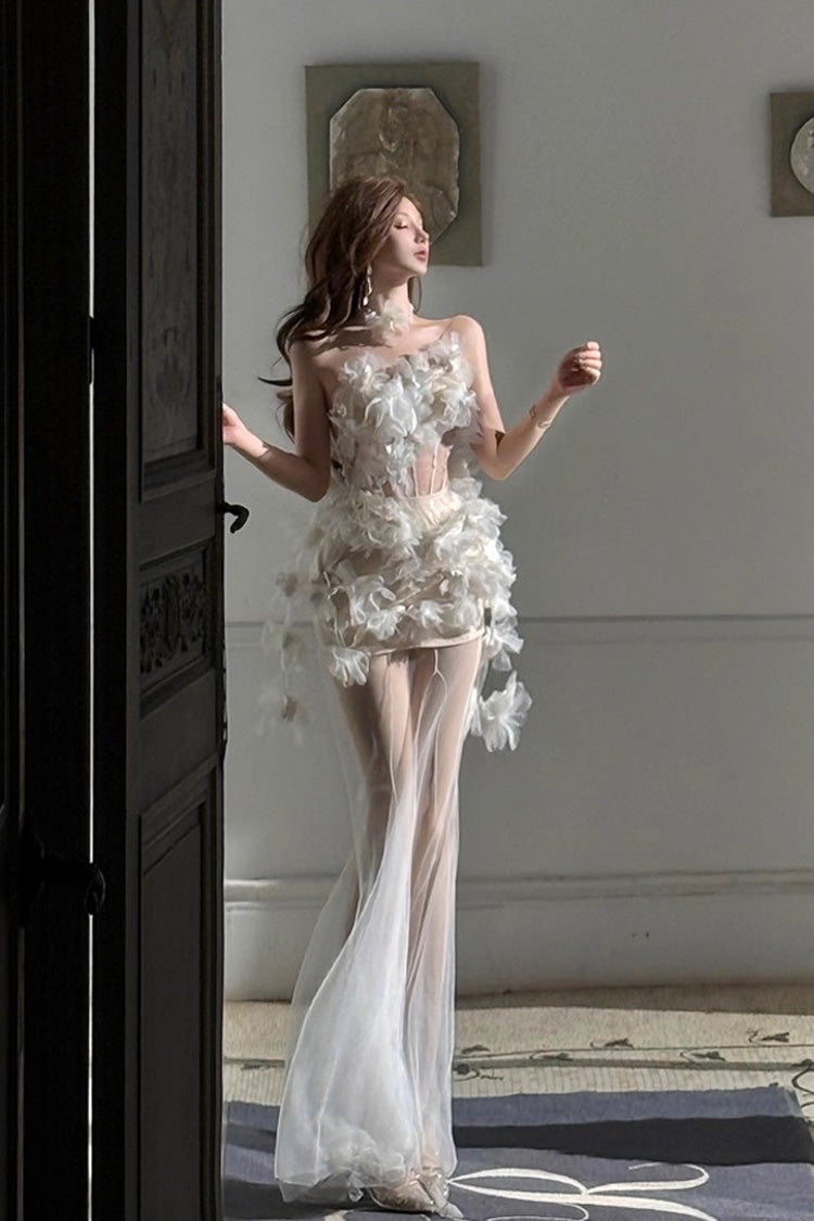 White Blooming Fairy Flower Sleeveless Bowknot Lace Slim Sweet Lolita Jsk Dress