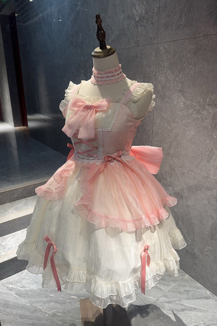 White/Pink Sweet Sakura Bow Sleeveless Double-Layered Ruffled Bow Sweet Princess Lolita Jsk Dress