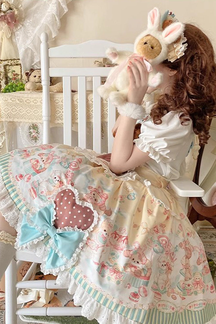 Multi-Color Sweet Pet Paradise Print Ruffle Bowknot Vintage Lolita Strap Dress