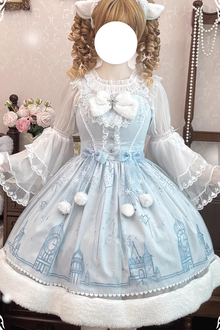 Blue Snow Castle Sleeveless Printed Embroidered Bow Lace Sweet Lolita Jsk Dress