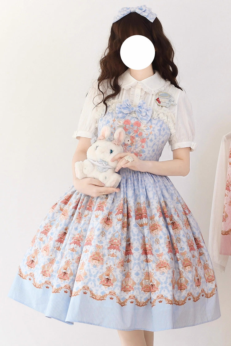 Blue Rose Garden Rabbit Print Ruffle Bowknot Sweet Lolita Dress