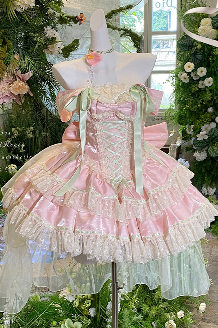 Pink Tulip Love Song Boat Neck Double-Layered Ruffle Bowknot Lace Lace-Up Romantic Sweet Princess Lolita Dress