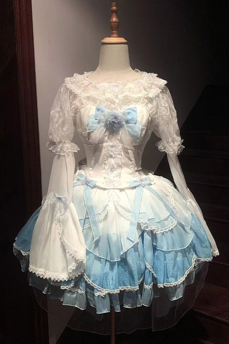 White/Blue Gradient Multi-layer Ruffle Bowknot Lace Sweet Lolita Jsk Dress