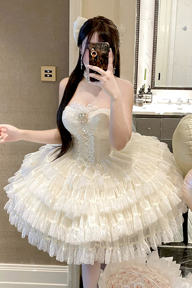Beige Heartbeat at First Sight Off Shoulder Sleeveless Multi-Layered Ruffle Bowknot Lace Lace-Up Sweet Princess Gorgeous Lolita Dress