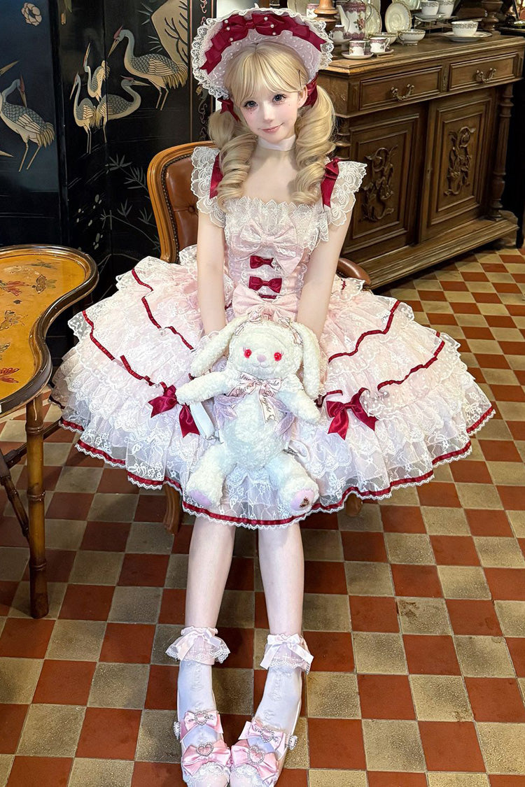 Pink Moon-Tide Butterfly's Call Sleeveless Multi-Layered Ruffle Bowknot Lace Sweet Lolita Jsk Dress