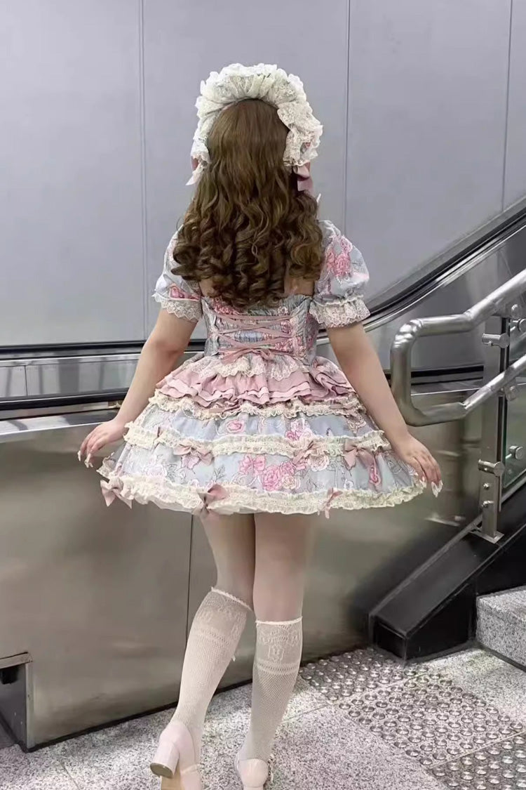 Blue/Pink Gem Rose Multi-Layered Ruffle Bowknot Lace Sweet Princess Lolita Skirt 2 Versions
