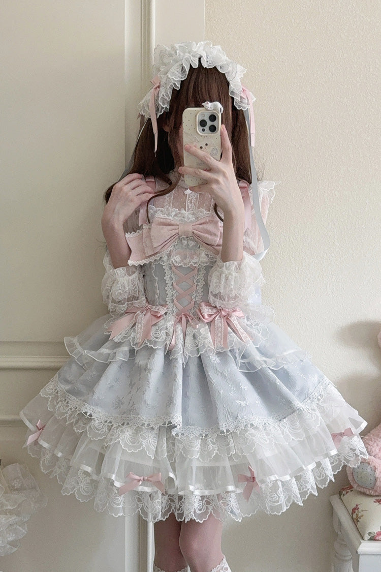 Blue Fleishi Island Sleeveless Ruffle Bowknot Lace Slim Sweet Ballet Lolita Jsk Dress
