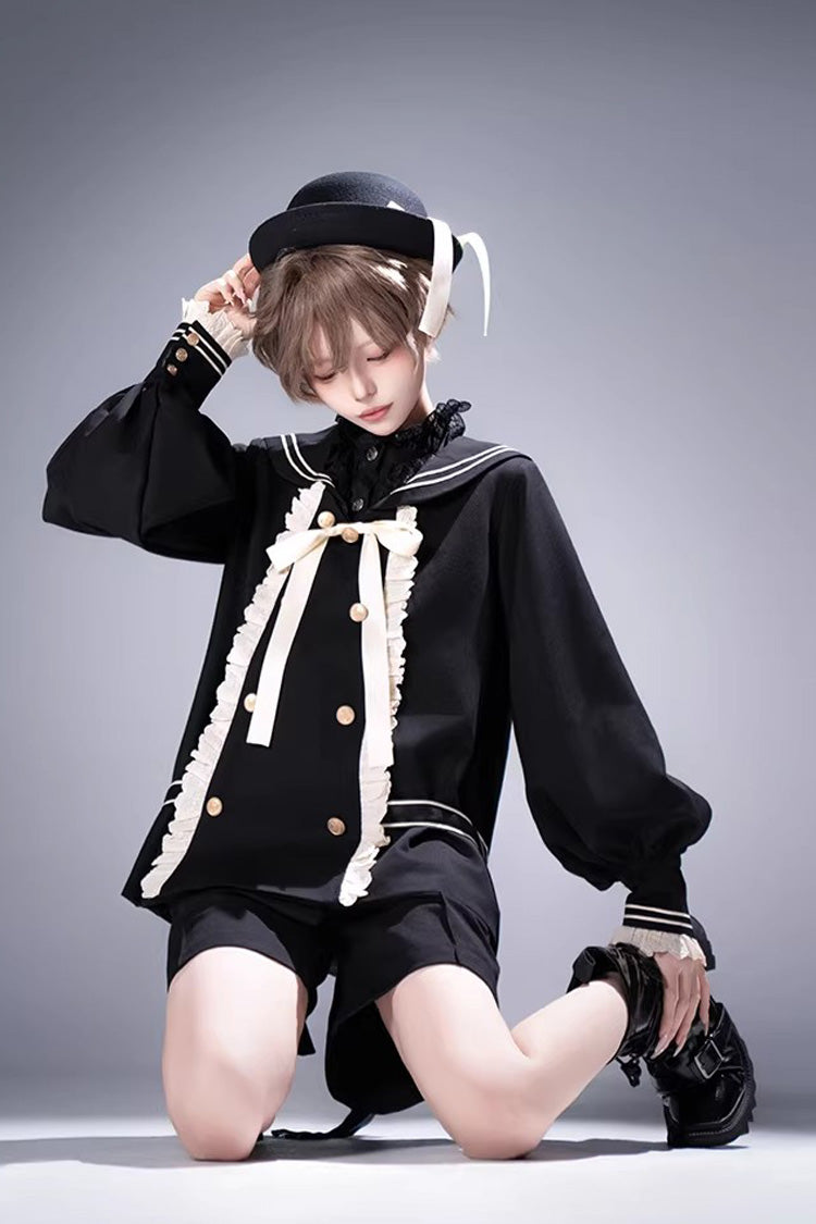 Black City of Mist Navy Collar Long Sleeves Gothic College Style Prince Ouji Lolita Shorts Coat Set