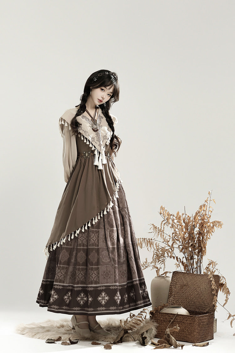 Brown Mysterious Tribe Long Lantern Sleeves Print Ruffle Asymmetric Sweet Chinese Style Lolita Dress