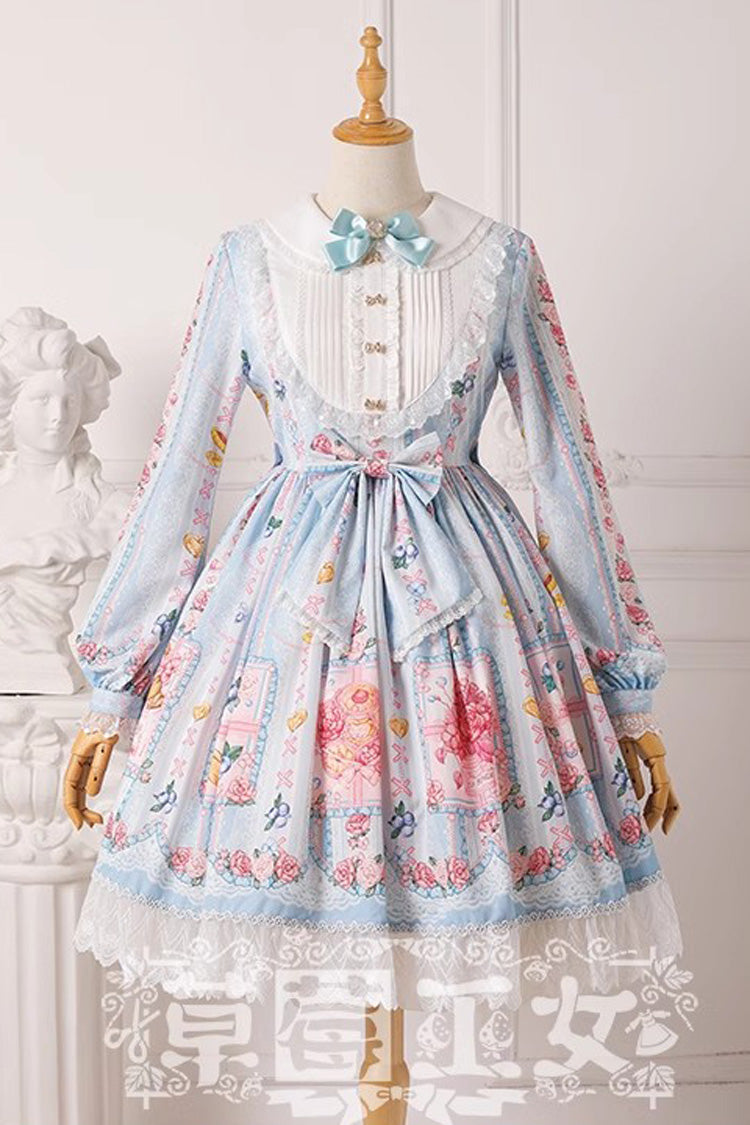 Blueberry Berries Print Long Sleeves Bowknot Sweet Princess Lolita Dress 4 Colors