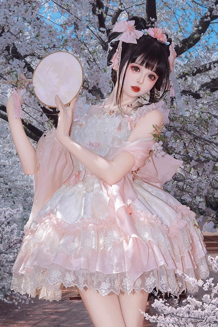 Pink Lyrics in the Midst of Flowers Ruffle Embroidery Bowknot Chinese Style Elegant Sweet Lolita Jsk Dress