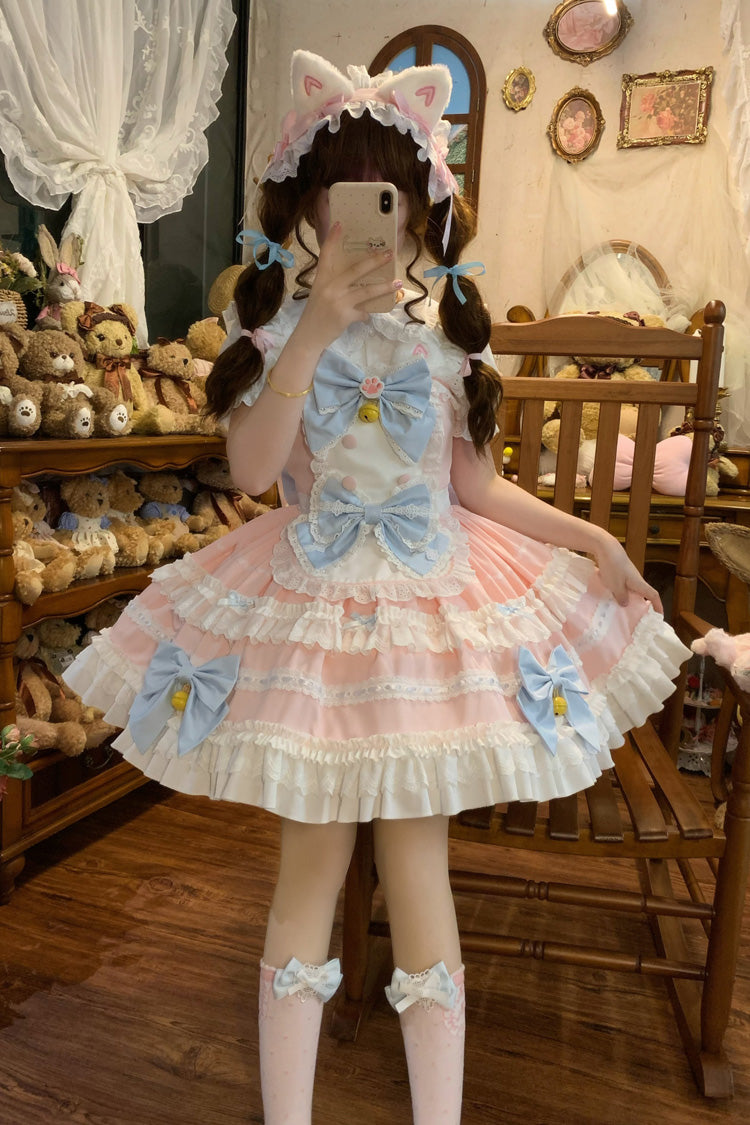 Pink Meowling Sweet Maid Sleeveless Multi-Layered Ruffle Bowknot Lace Sweet Princess Lolita Jsk Dress
