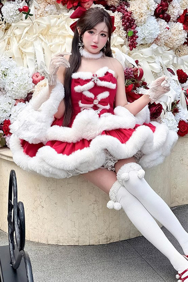 Red Holiday Double-Layered Bowknot Sweet Princess Lolita Strapless Dress