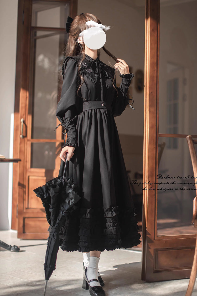 Black Wind Kissed Tulips Long Sleeves Ruffle Embroidery Bowknot Gothic Vintage Elegant Lolita Dress