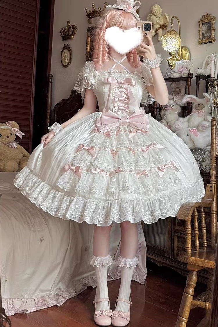 White/Pink Snow of Love Ruffled Hanayome Open-Front Bow Lace Sweet Princess Lolita Dress