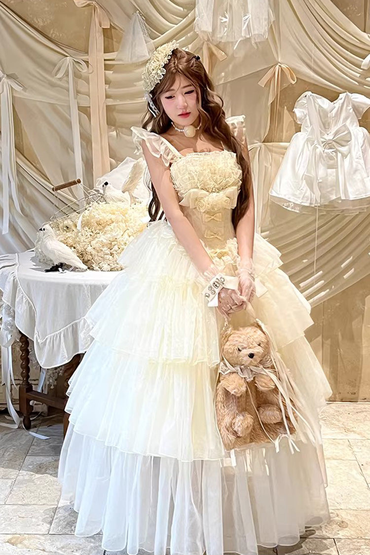 Beige Mousse Serenade Triple-Layered Ruffled Hanayome Bow Lace Sweet Princess Lolita Strapless Dress