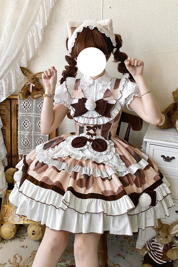 Brown Calico Cat Sleeveless Triple-Layered Printed Ruffled Bow Plush Sweet Lolita Jsk Dress