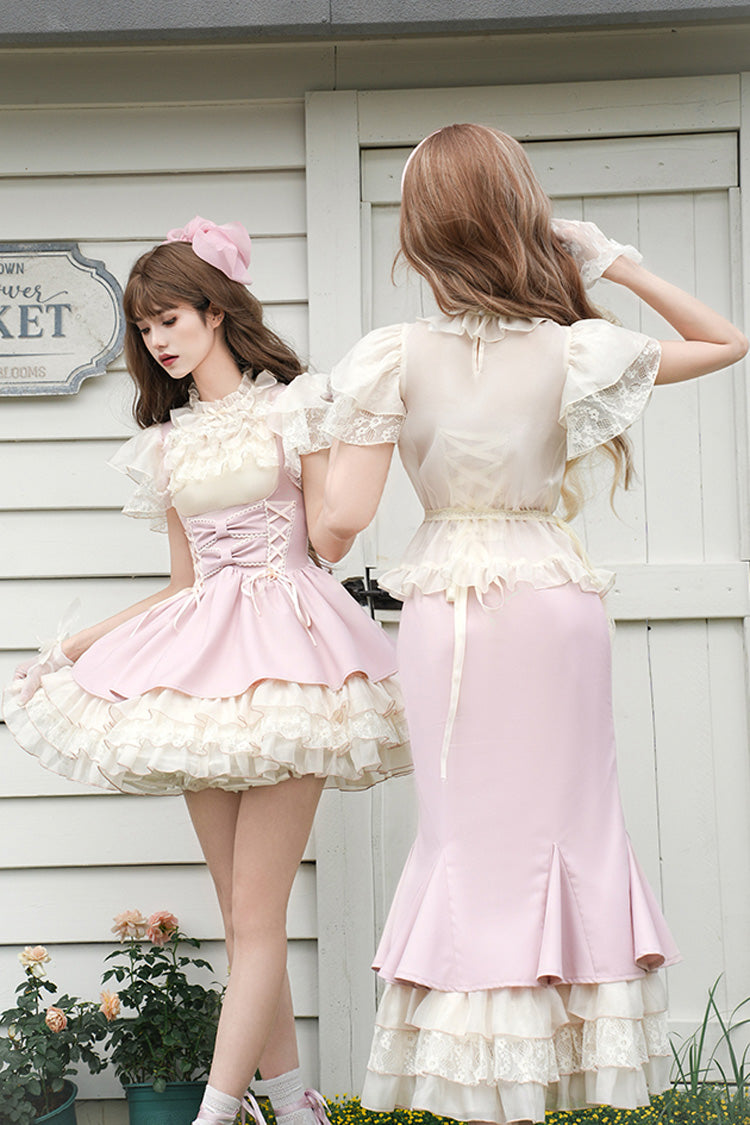 Pink Love Diary Multi-Layered Ruffle Bowknot Lace-Up Sweet Lolita Jsk Bustier Dress