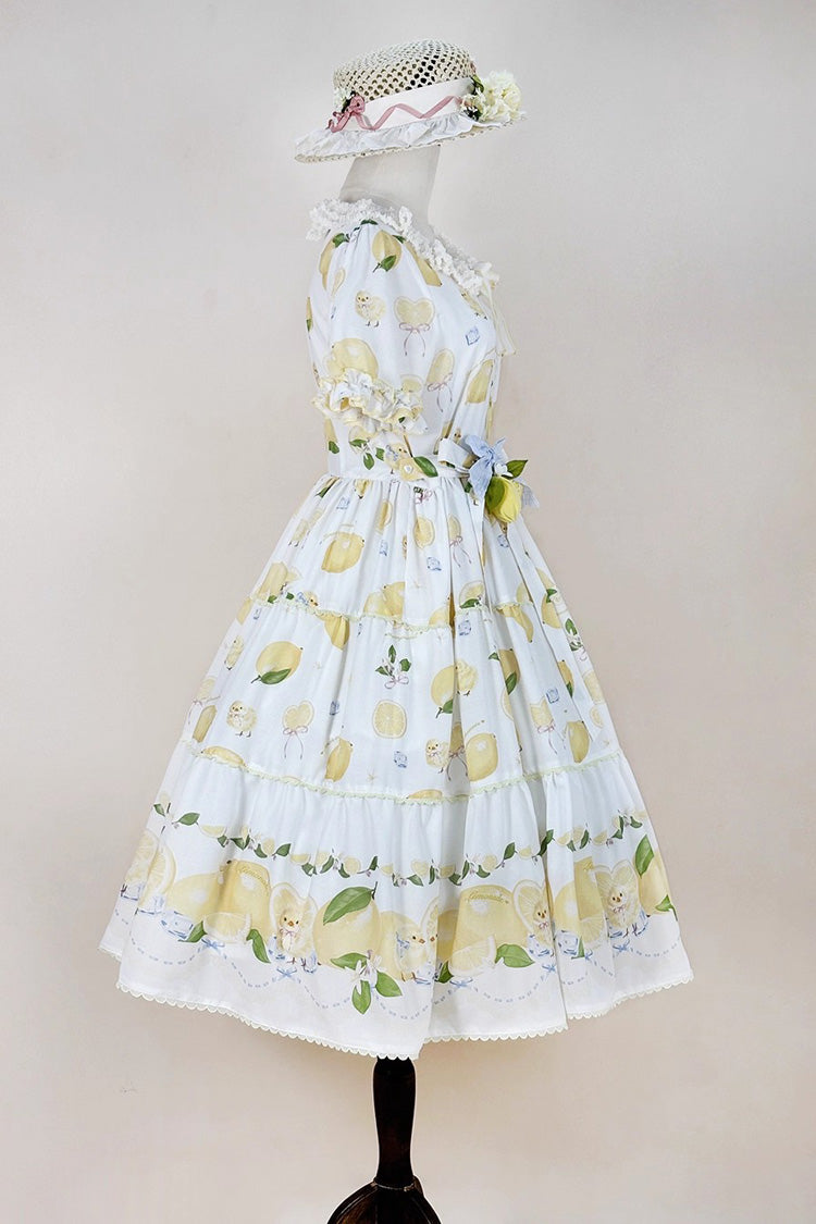 White Lemon Chicken Short Sleeves Print Ruffle Bowknot Lace Daily Sweet Lolita Dress