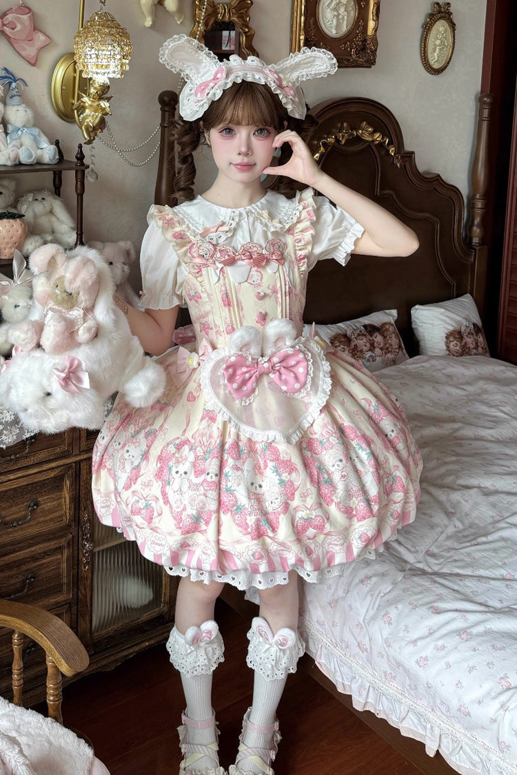 Cream Rabbit Strawberry Print Sleeveless Bowknot Sweet Lolita Jsk Dress 2 Colors