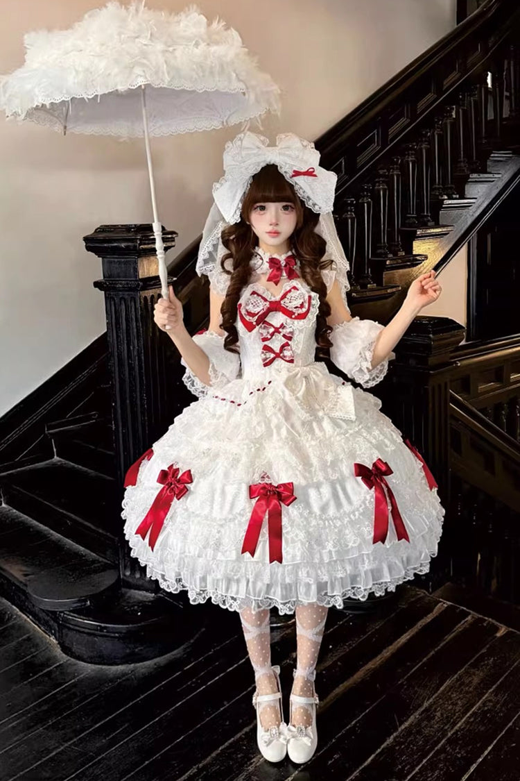 White Dream of the Misty Moon Sleeveless Multi-Layered Ruffled Bow Lace Pearl-Decorated Sweet Princess Lolita Jsk Dress