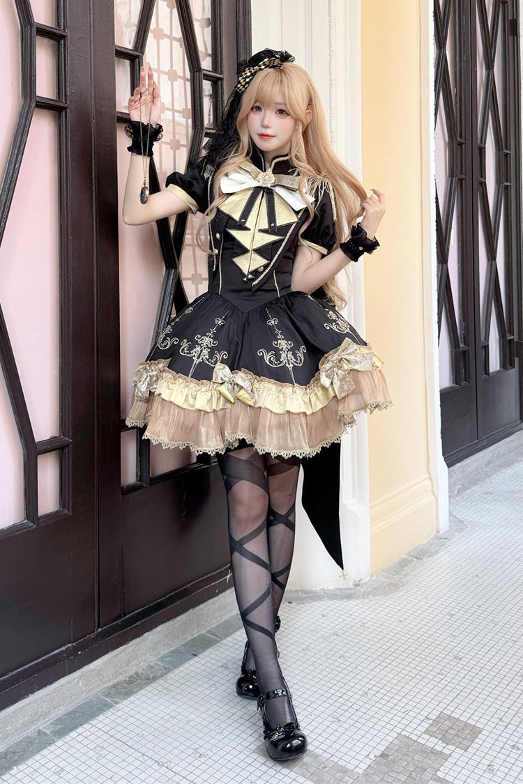 Black Gilded Oath Short Sleeves Double-Layered Ruffle Embroidery Bowknot Gothic Lolita Dress
