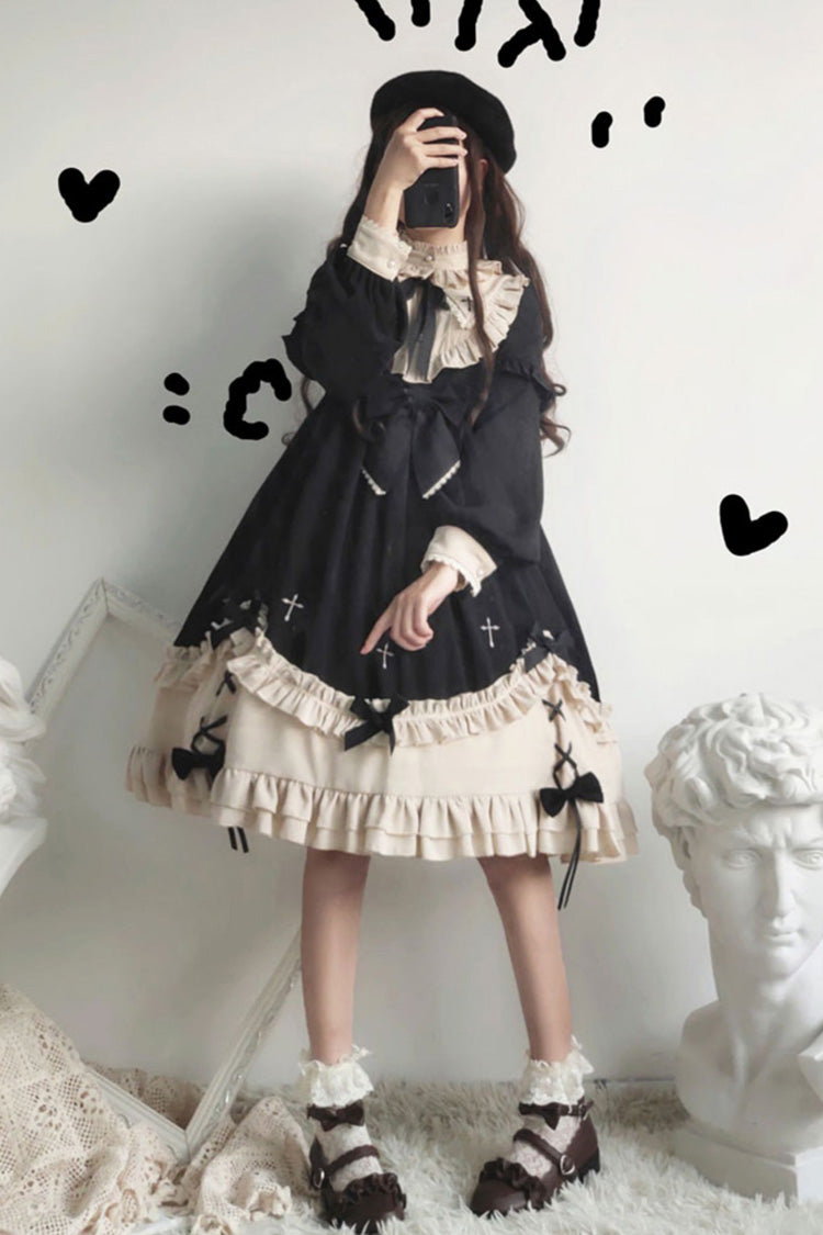 Black Round Collar Chest Bow Cross Print Ruffled Sweet Lolita Op Dress