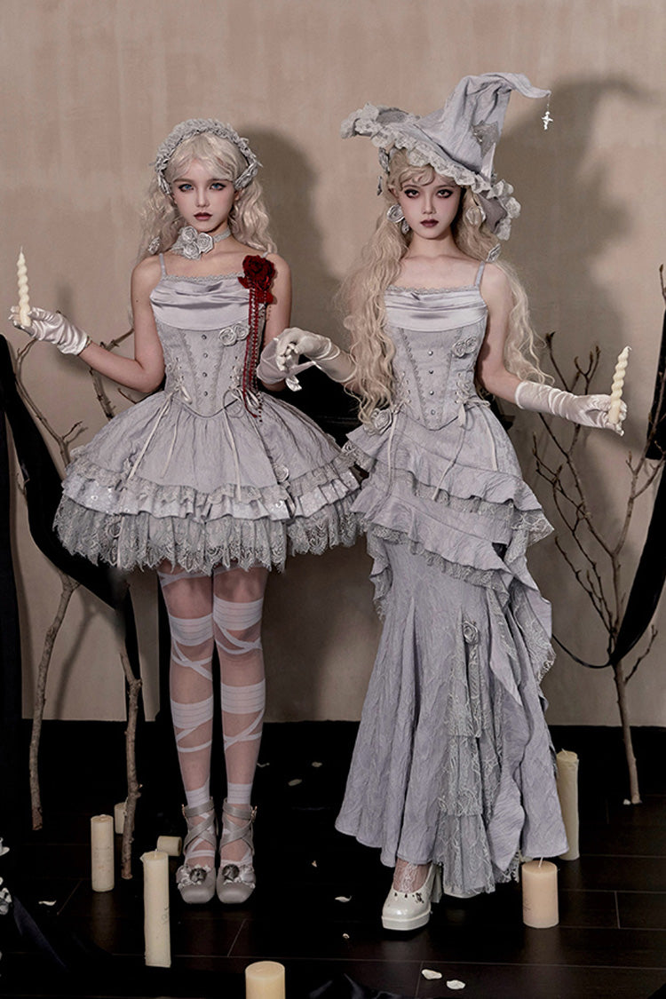 Silver Grey Twilight Ruffle Lace Irregular Gothic Witch Lolita Fishtail Skirt Set
