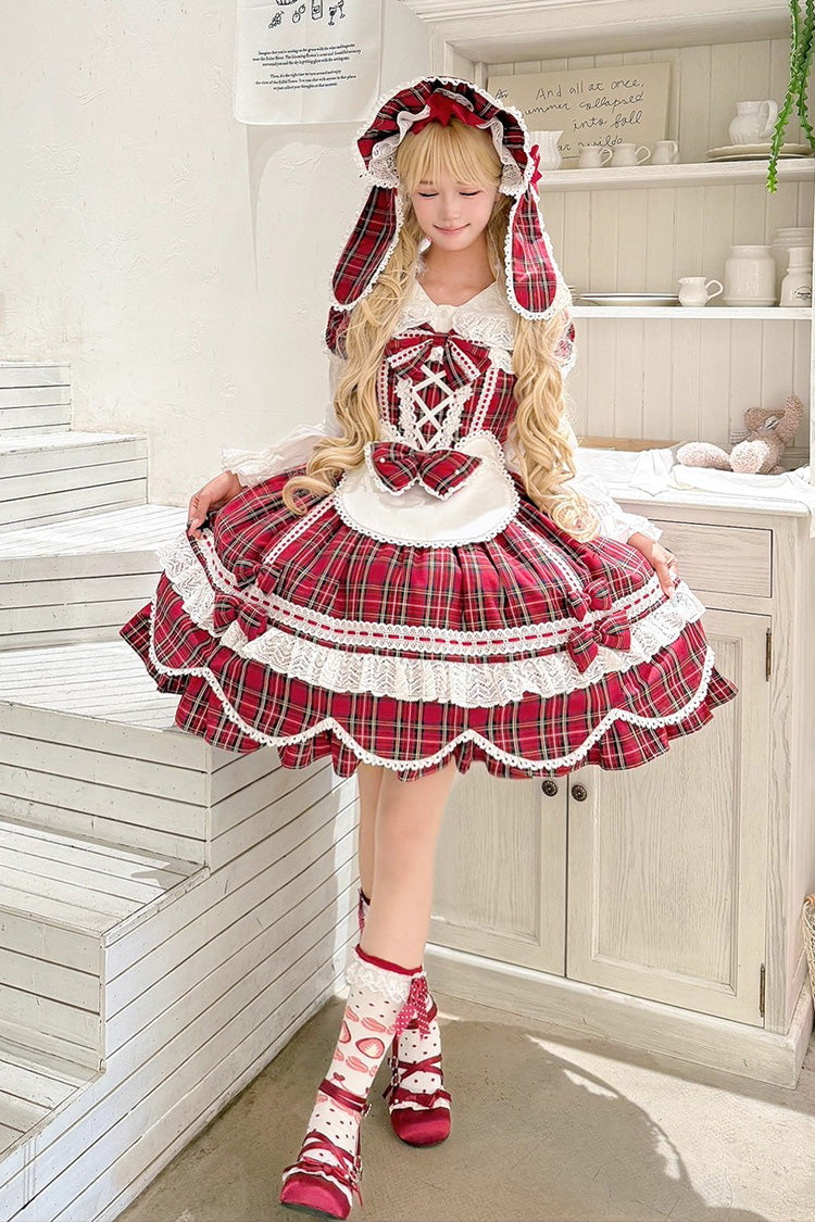 Red Gingham Petal Bunny Short Sleeves Printed Ruffled Bow Sweet Lolita OP Dress