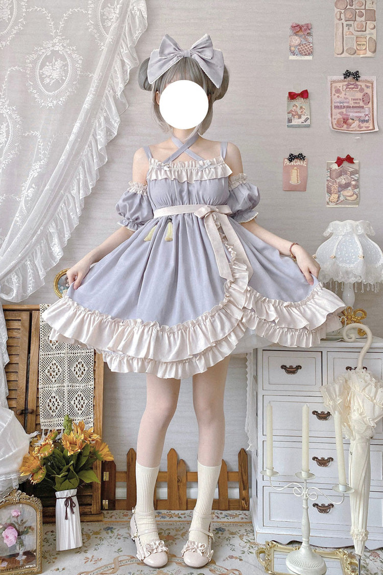 Grey Monet Estate Sleeveless High Waisted Ruffle Bowknot Asymmetric Sweet Lolita Jsk Dress