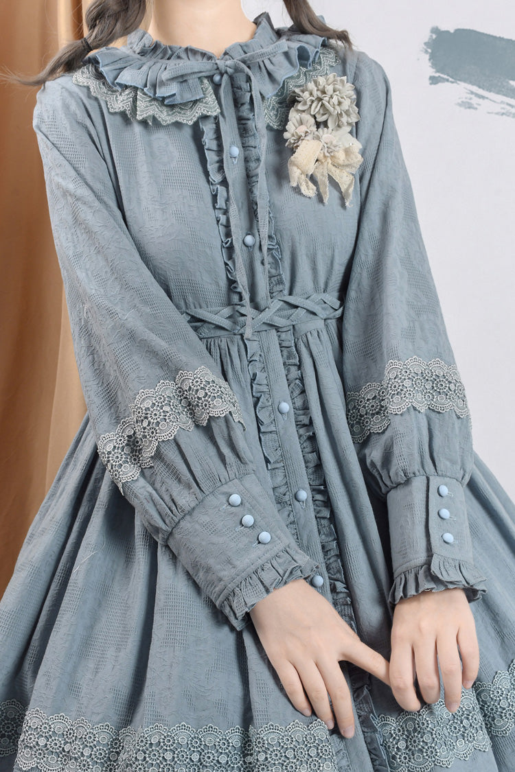 Spring Dawn Long Sleeves Jacquard Ruffle Bowknot Sweet Vintage Lolita Dress 3 Colors