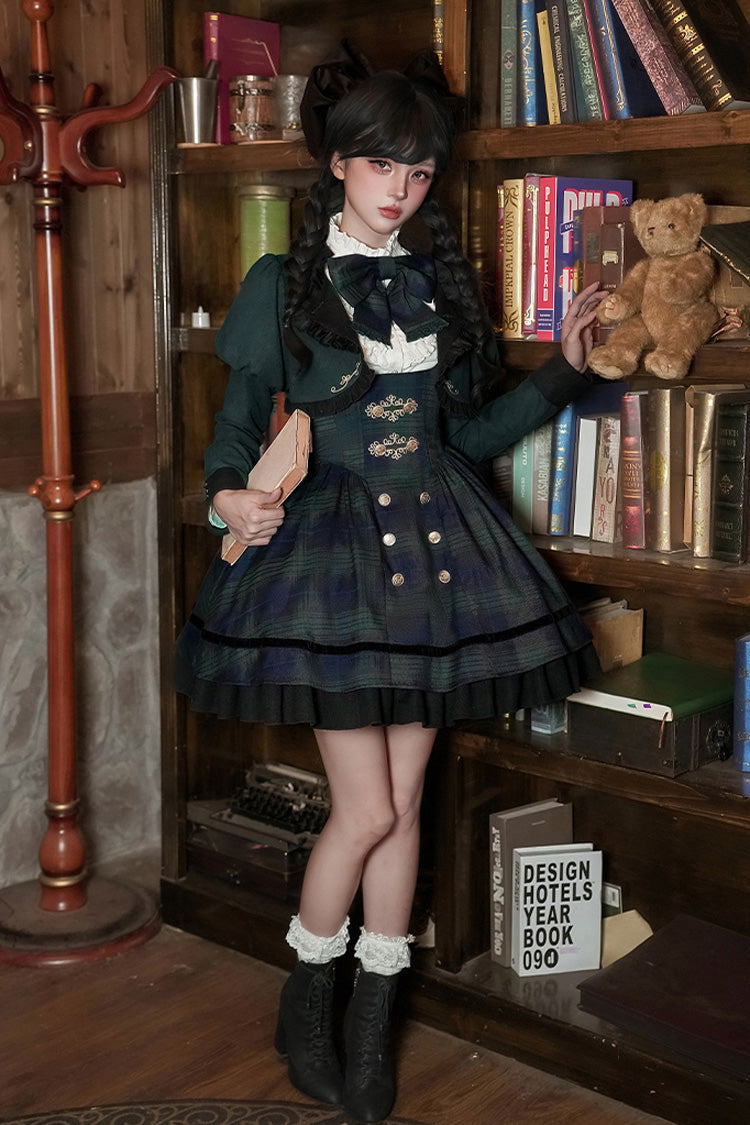 Blue/Green Berlin's letter Double-Layered Plaid Print Ruffle Bowknot Classic College Style Lolita Strap Dress Set 2 Versions