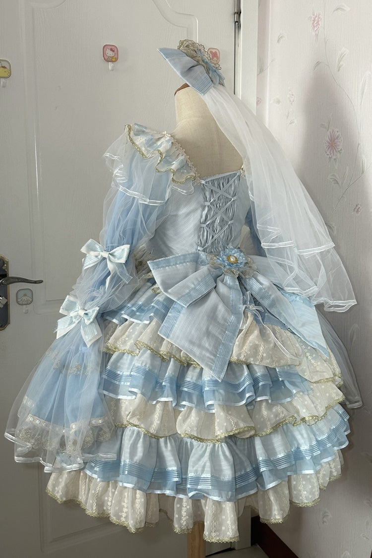Blue Multi-Layered Ruffle Hanayome Bowknot Lace Sweet Princess Lolita Dress