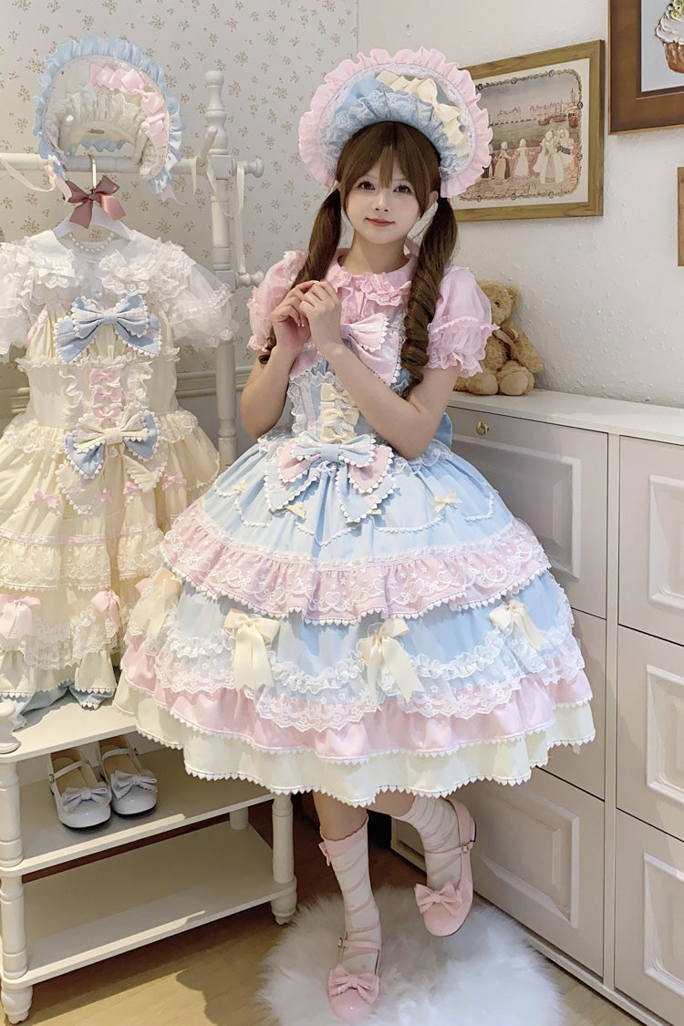 Blue/Pink Fondant Cake Sleeveless Multi-Layered Ruffle Bowknot Lace Sweet Lolita Jsk Dress
