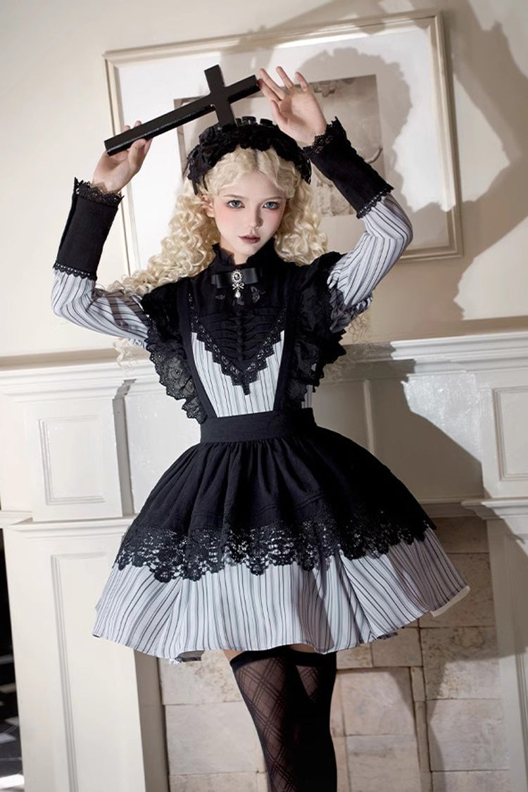 Light Grey Nocturne Vertical Stripes Print Ruffle Bowknot Lace Gothic Lolita Dress 2 Versions
