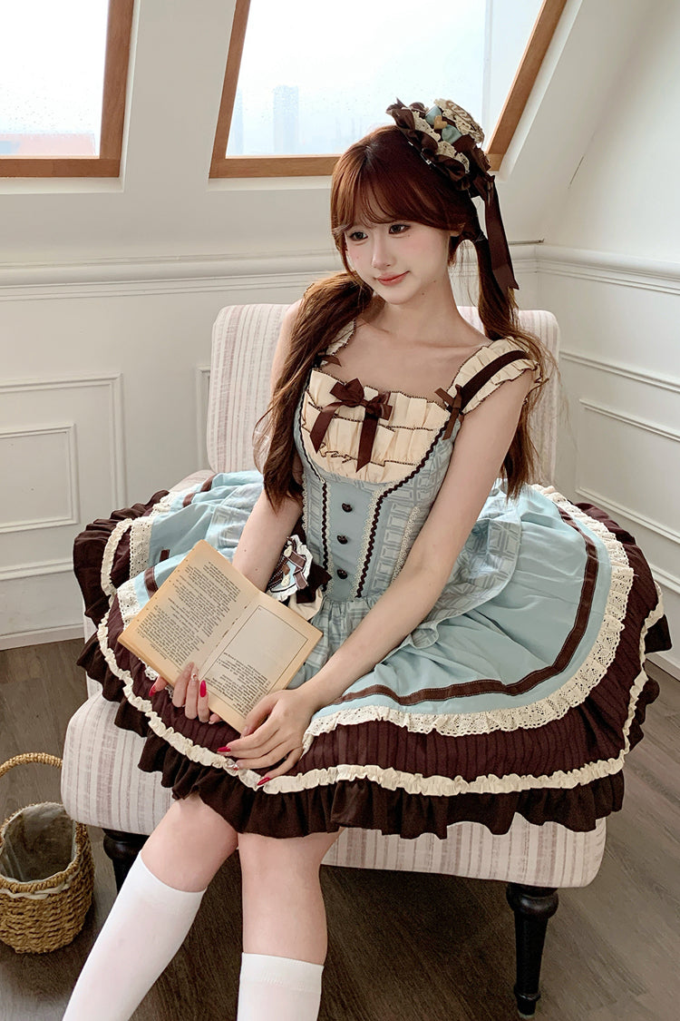 Green/Brown Mint Chocolate Sleeveless Triple-Layered Ruffle Bowknot Sweet Lolita Jsk Dress