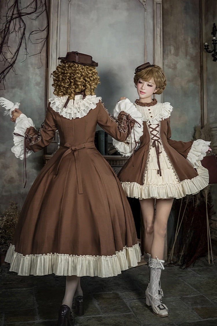 Brown/Beige Nutcracker Stand Collar Long Trumpet Sleeves Ruffle Cardigan Bowknot Lace-Up Sweet Lolita Dress Set 2 Versions