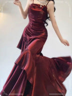 Satin Mermaid Ball Gown in Burgundy