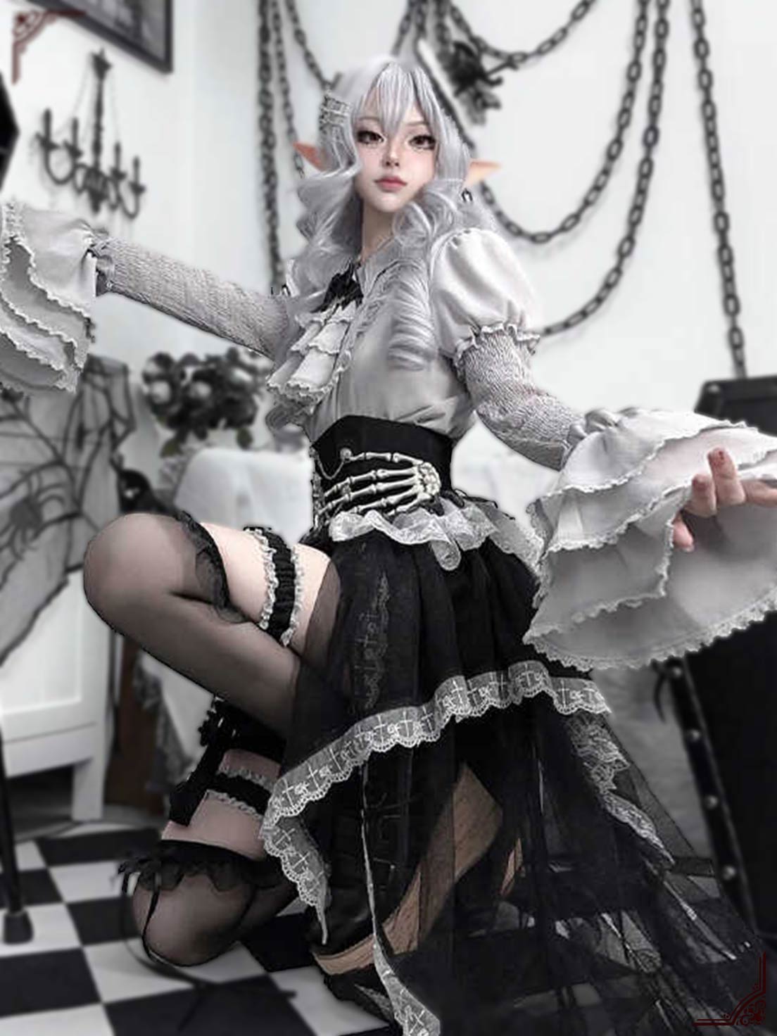 Goth Lolita Asymmetric Hem Dress with Layer Lace Corset Accents Skirt