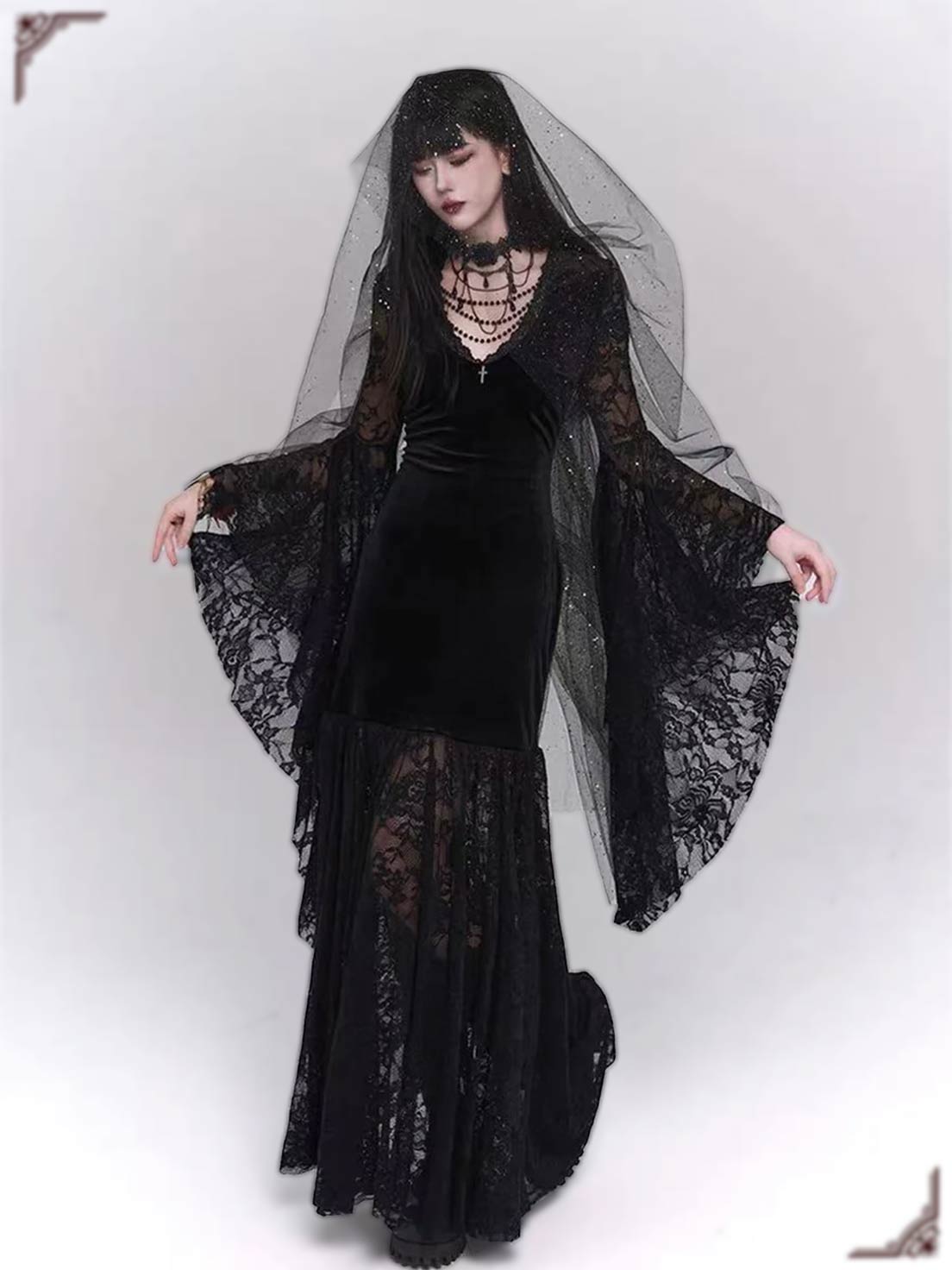 Goth Lolita Black French Retro Subculture Long Dress Medieval Ghost Dark